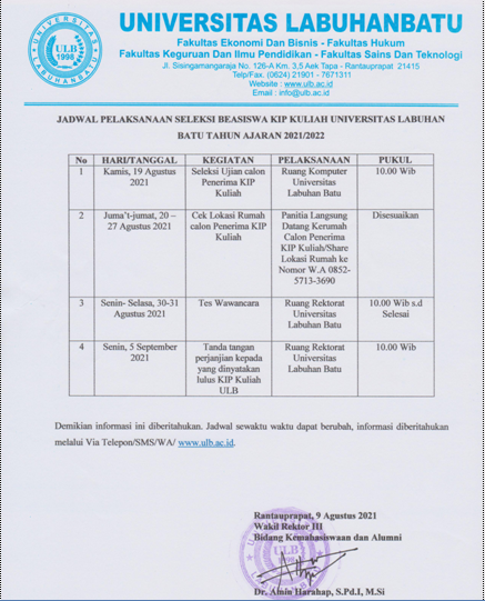 Jadwal Seleksi Beasiswa KIP Kuliah Universitas Labuhanbatu T. A 2021 ...